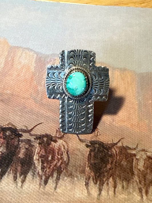 Hand-stamped Turquoise Cross Ring