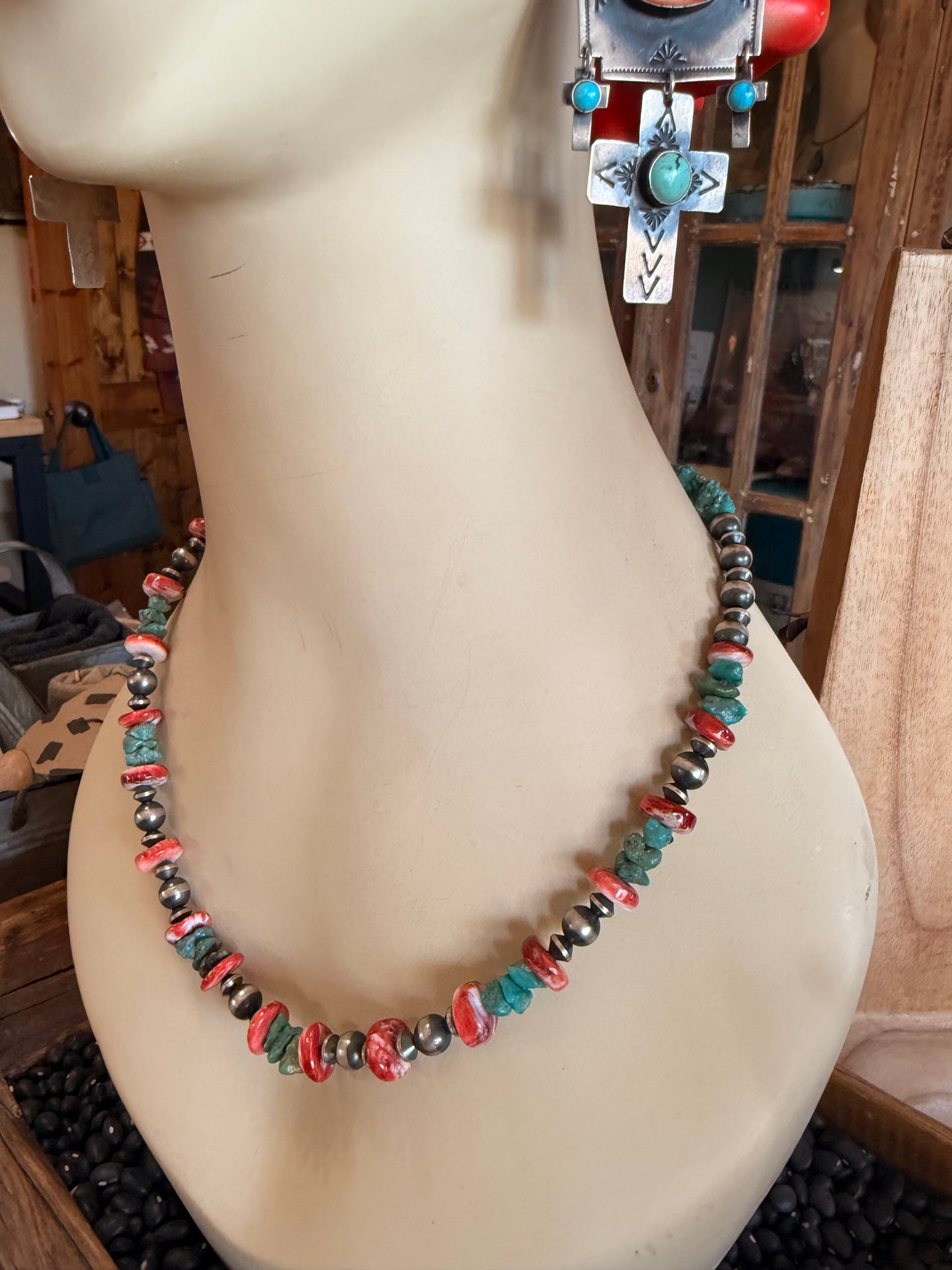 Chimney Butte Red Spiny & Turquoise Beaded Necklace