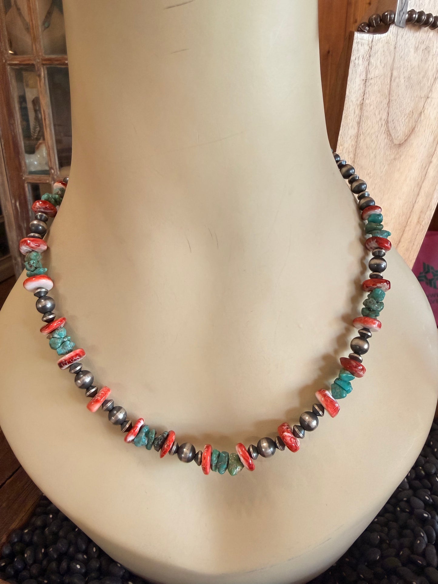 Chimney Butte Red Spiny & Turquoise Beaded Necklace