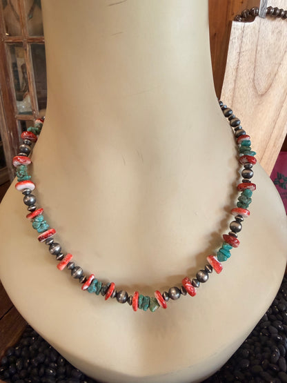 Chimney Butte Red Spiny & Turquoise Beaded Necklace