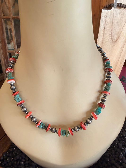 Chimney Butte Red Spiny & Turquoise Beaded Necklace