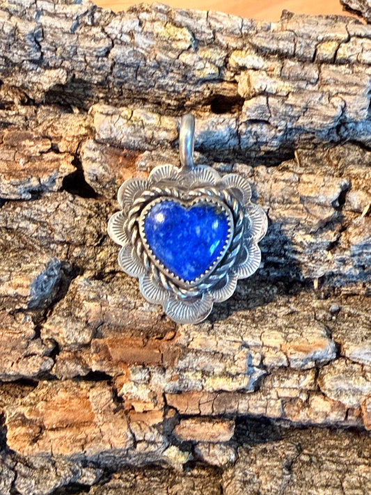 Stamped Sterling & Lapis Heart Pendant