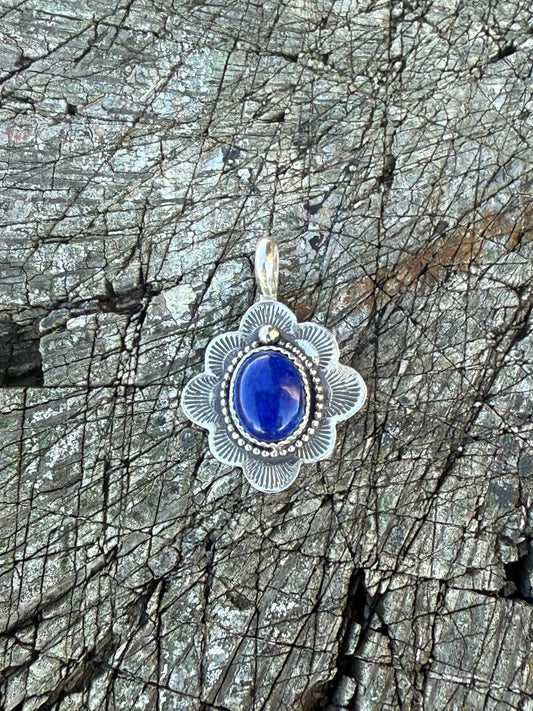 Stamped Silver & Lapis Pendant