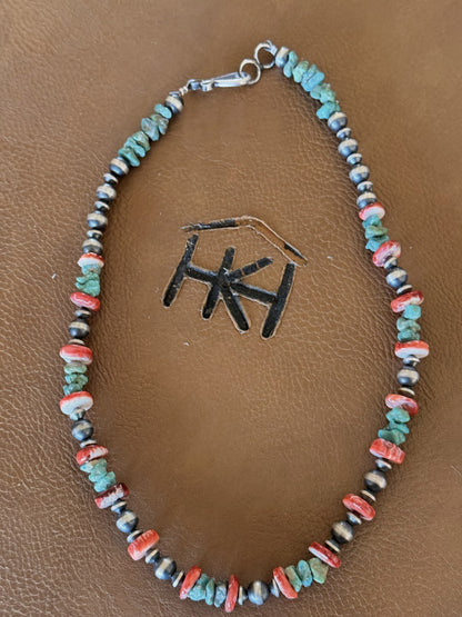 Chimney Butte Red Spiny & Turquoise Beaded Necklace